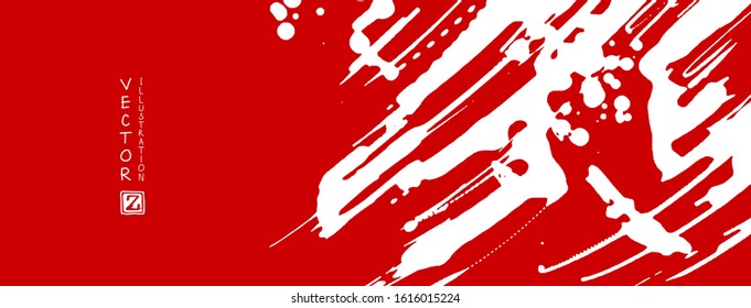 White ink brush stroke on red background. Japanese style. Vector illustration of grunge stains