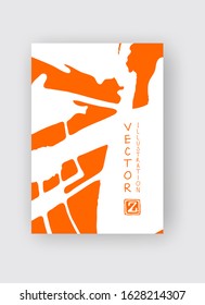 White ink brush stroke on orange background. Japanese style. Vector illustration of grunge stains