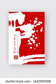 White ink brush stroke on red background. Japanese style. Vector illustration of grunge stains