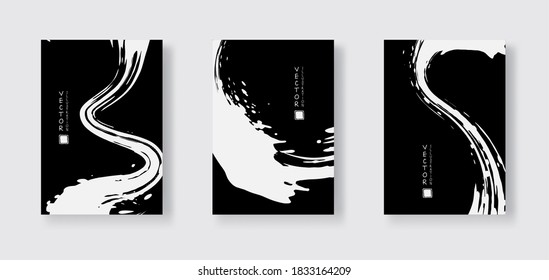 Weißer Pinselstrich auf schwarzem Hintergrund. Japanischer Stil. Vektorgrafik von Grunge-Wellenflecken.Vektorgrafik bürstet.