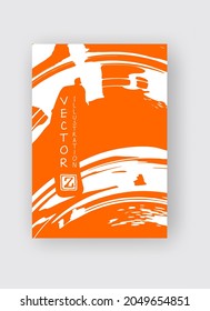 Trazo de pincel de tinta blanca sobre fondo naranja. Estilo japonés. Ilustración vectorial de manchas de grano