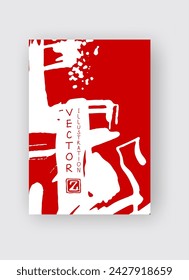 Pincel de tinta blanca sobre fondo rojo. Estilo japonés. Ilustración vectorial de manchas de grunge
