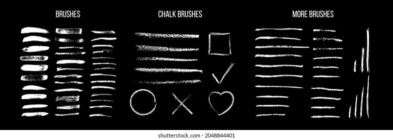White ink brush strokes vector set. Freehand dry brush lines, marker stripes. Grunge style geometric elements, circle, square, crosse and heart. Decorative chalk brushes isolated on black background