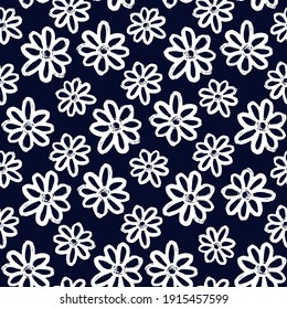 Flores de camomila de tinta blanca aisladas en un fondo azul oscuro. Patrón monocromo sin soldadura floral. Ilustración gráfica plana vectorial a mano. Textura.