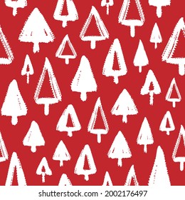 White ink Christmas trees isolated on red background. Cute monochrome seamless pattern. Vector simple flat graphic hand drawn illustration. Texture.