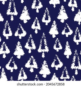 Árboles de Navidad de tinta blanca aislados en fondo azul oscuro. Patrón perfecto. Dibujo gráfico plano vectorial simple a mano. Textura.