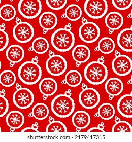 White ink contour linear Christmas balls and snowflakes isolated on red background. Cute New Year monochrome seamless pattern. Vector simple flat graphic hand drawn illustration. Texture.