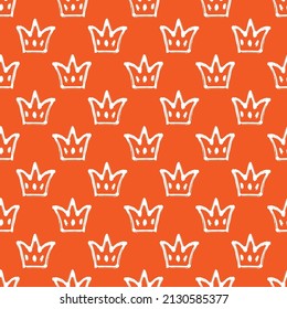 White ink contour linear crowns isolated on orange background. Cute monochrome royal seamless pattern. Vector simple flat graphic hand drawn illustration. Texture.