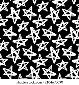 White ink contour linear stars isolated on black background. Cute monochrome geometric star seamless pattern. Vector simple flat graphic hand drawn illustration. Texture.