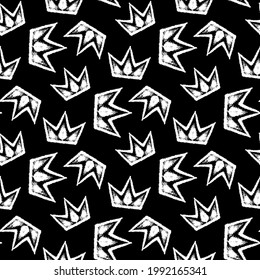 White ink crown isolated on black background. Monochrome seamless pattern. Vector simple flat graphic hand drawn illustration. Texture.