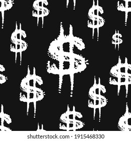 White ink dollar symbols isolated on black background. Cute monochrome seamless pattern. Vector flat graphic illustration. Texture.