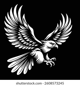 White Ink Flying Eagle Vector – Tattoo-Style Raptor Illustration on Black Background