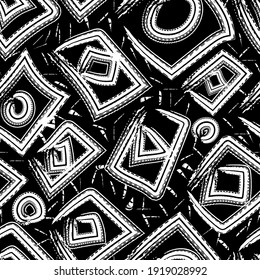 Formas geométricas de tinta blanca aisladas sobre fondo negro. Patrón uniforme abstracto monocromo. Ilustración gráfica plana vectorial a mano. Textura.