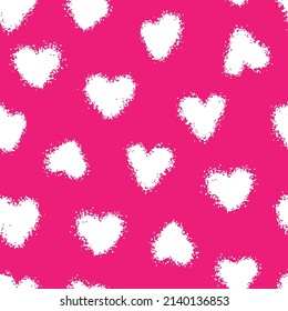 White ink hearts isolated on pink background. Cute monochrome seamless pattern. Vector simple flat graphic hand drawn illustration. Texture.