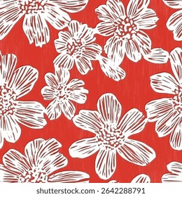 White ink on a red background, a pattern of large white flowers on linen fabric print pattern, cotton, silk, vector illustration, doodle summer, kids and baby designs for print fabric.