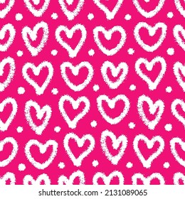 White ink outline hearts isolated on pink background. Cute monochrome seamless pattern. Vector simple flat graphic hand drawn illustration. Texture.