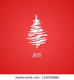 White Ink Pine Tree. Hand Drawn Symbol. Happy New Year Card with Inked Inscription 2019 number. Red background and white inked hand drawn tree