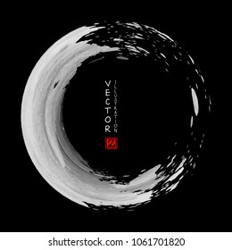 White ink round stroke on black background. Japanese style. Vector illustration of grunge circle stains
