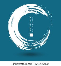 White ink round stroke on blue background. Japanese style. Vector illustration of grunge circle stains
