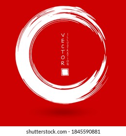 White ink round stroke on red background. Japanese style. Vector illustration of grunge circle stains