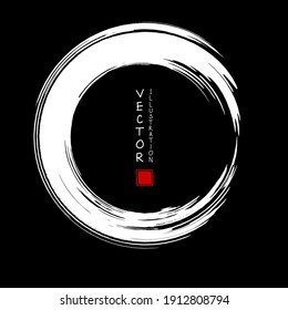 White ink round stroke on black background. Japanese style. Vector illustration of grunge circle stains