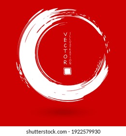 White ink round stroke on red background. Japanese style. Vector illustration of grunge circle stains