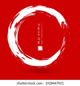 White ink round stroke on red background. Japanese style. Vector illustration of grunge circle stains