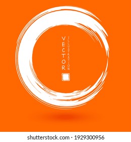 White ink round stroke on orange background. Japanese style. Vector illustration of grunge circle stains