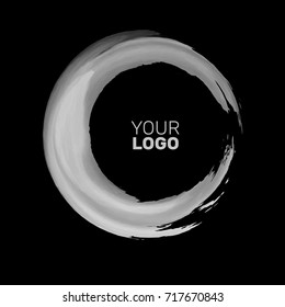 White ink round stroke on black background. Japanese style. Vector illustration of grunge circle stains