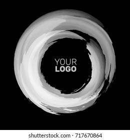 White ink round stroke on black background. Japanese style. Vector illustration of grunge circle stains