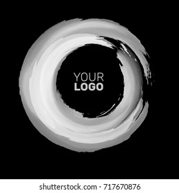White ink round stroke on black background. Japanese style. Vector illustration of grunge circle stains