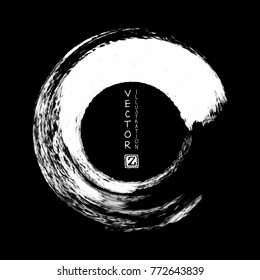 White ink round stroke on black background. Japanese style. Vector illustration of grunge circle stains