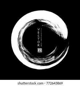White ink round stroke on black background. Japanese style. Vector illustration of grunge circle stains