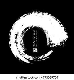 White ink round stroke on black background. Japanese style. Vector illustration of grunge circle stains