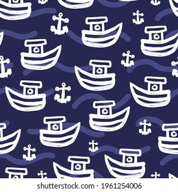 White ink ships and anchors isolated on dark blue background. Childish cute seamless pattern. Vector simple flat graphic hand drawn illustration. Texture.