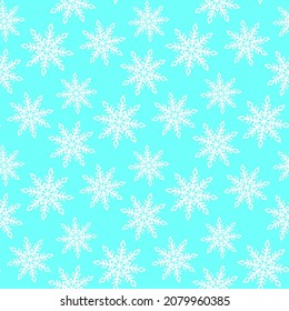 White ink sketch of snowflakes isolated on bluish background. Cute monochrome Christmas seamless pattern. Vector simple flat graphic hand drawn illustration. Texture.