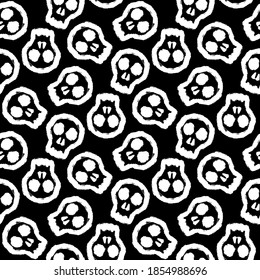 White ink skulls isolated on black background. Monochrome seamless pattern. Vector flat graphic hand drawn illustration. Texture.