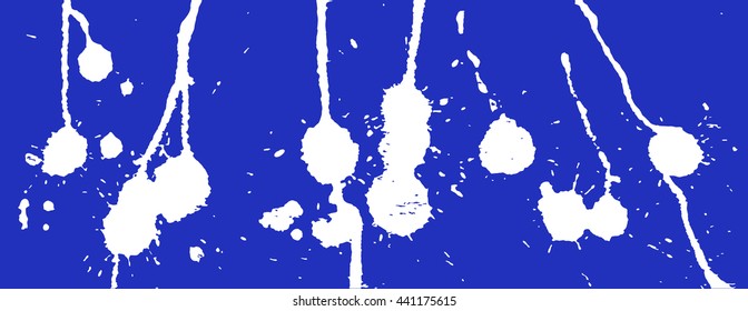White ink splash. Paint splatter. White blots on blue. Paint stains. Ink Splatter Background. White and blue vector illustration. Ink stains and strokes. Abstract background. Grunge vector template.