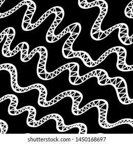 white ink wavy lines on black. doodle curves with triangles. seamless vector pattern