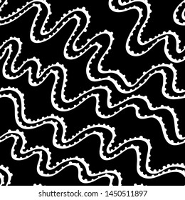 white ink wavy lines on black. seamless vector pattern. doodle curves with pimples