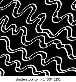 white ink wavy lines on black. seamless vector pattern. doodle curves with stripes