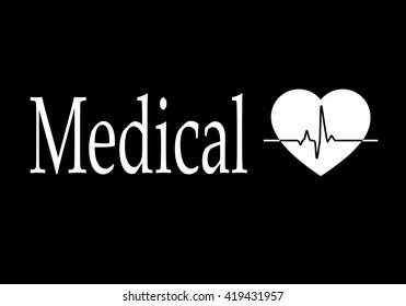 white inscription medicine is a white icon of heart with cardiogram on a black background, vector