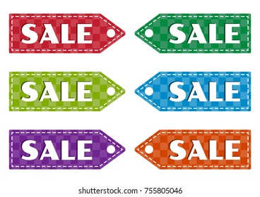 White inscriptions SALE. Colorful set of price tag icon with squared pattern. Isolated object on white background. Vector illustration