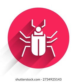 White Insect fly icon isolated with long shadow. Red circle button. Vector