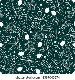 White Insects. Line art. Perfect for baby clothing and products for children. Green backgraund. Ideal for print, textile, fabric. Print for baby bed.