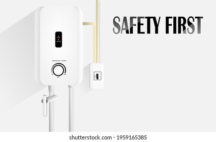White instant water heater installed with circuit breaker on the gray wall of bathroom with free copy space. Safety first concept with SAFETY FIRST text.