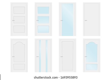 White interior doors. Collection. Vector illustration isolated on white background