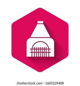 White Interior fireplace icon isolated with long shadow. Pink hexagon button. Vector Illustration