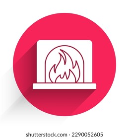 Icono de la chimenea interior blanca aislado con una sombra larga. Botón de círculo rojo. Ilustración vectorial
