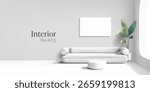 White interior mockup, 3D. Modern room design with sofa, blank picture on the wall, plant, and coffee table. For interior concepts. Vector illustration.